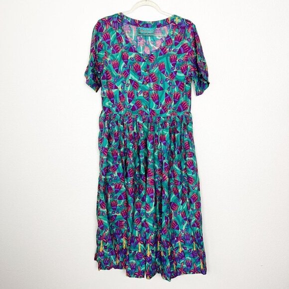 Rainbow Jo Hawaii Womens Small Floral Palm Short Sleeve Maxi Rayon Dress FLAWS - Picture 1 of 14